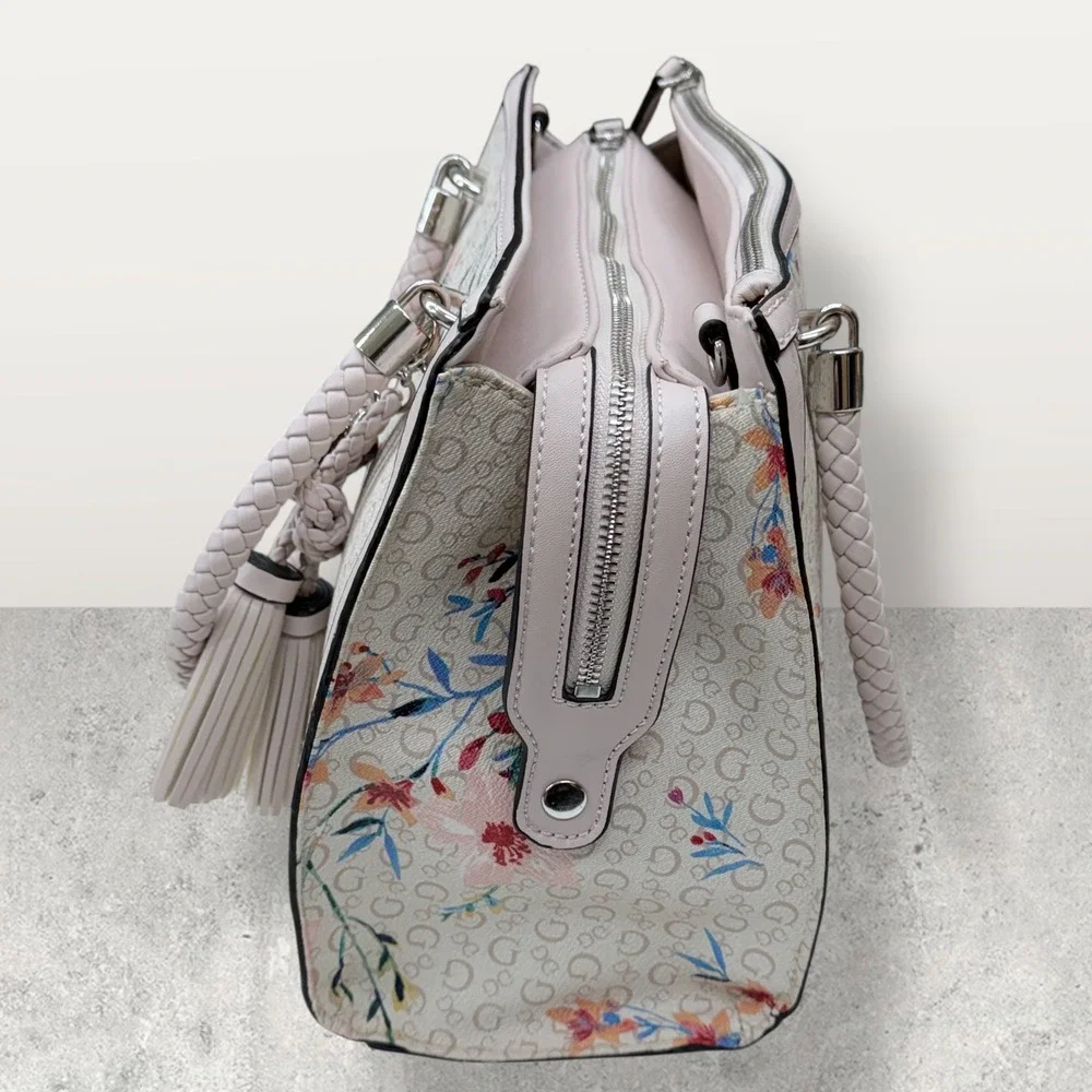 GUESS Floral Monogram Satchel‎ Bag Pink Multi PR681906 Braided Handle Tassel